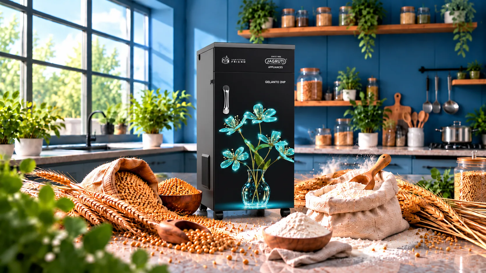 Jagruti Gelanto 2HP domestic flour mill in a sunlit kitchen with wheat and fresh flour